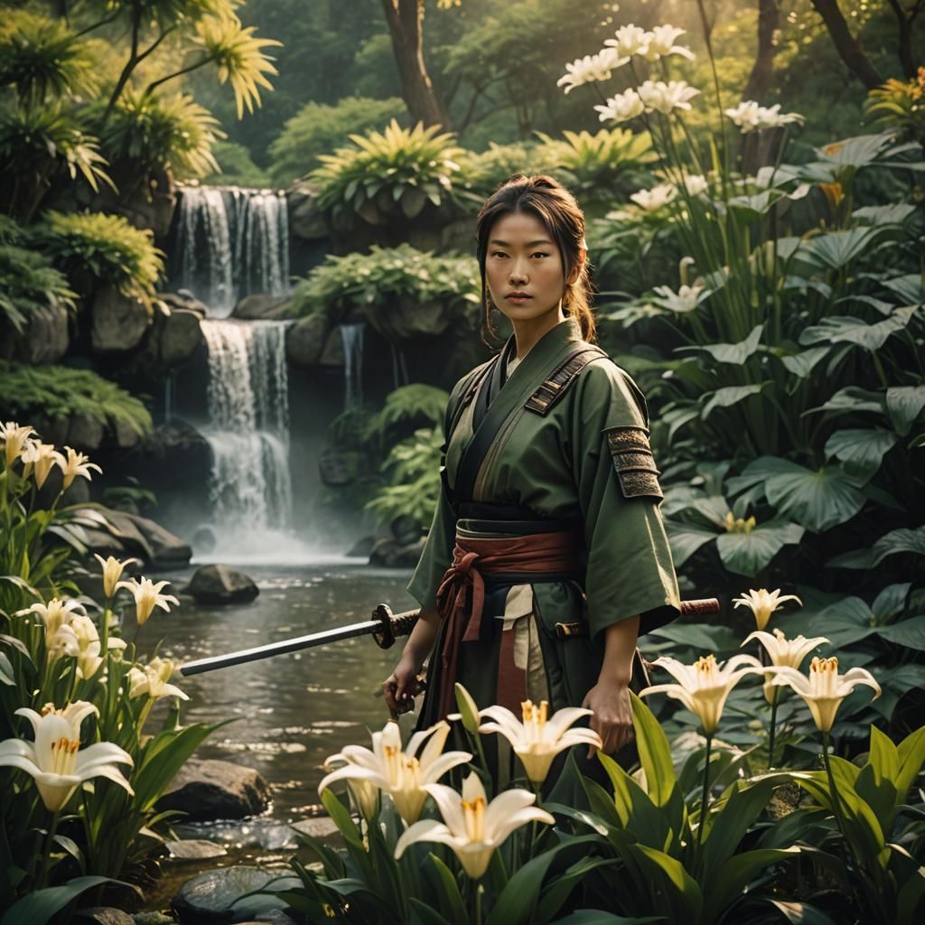 Woman Samurai in Garden with Waterfall