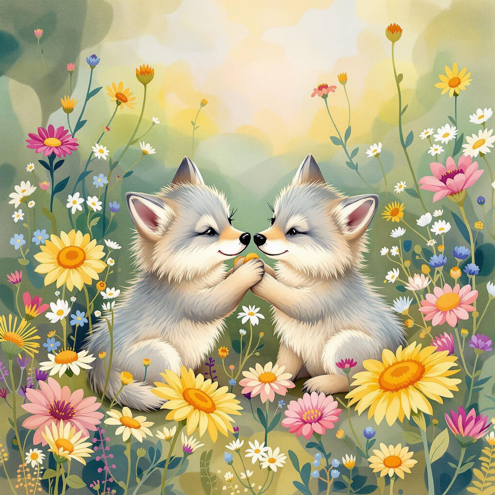 Adorable Wolf Cubs Playing in Wildflowers