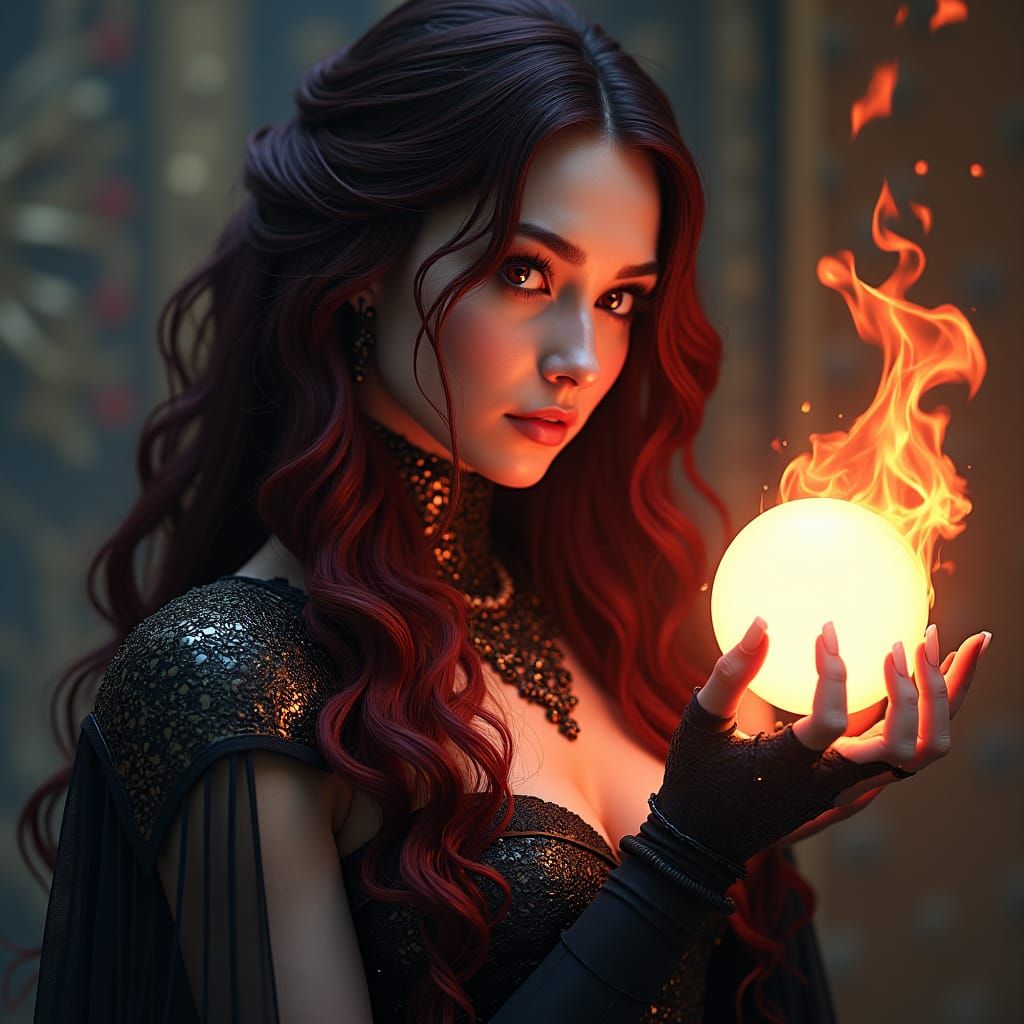 Woman in Black Armor Holding Fireball
