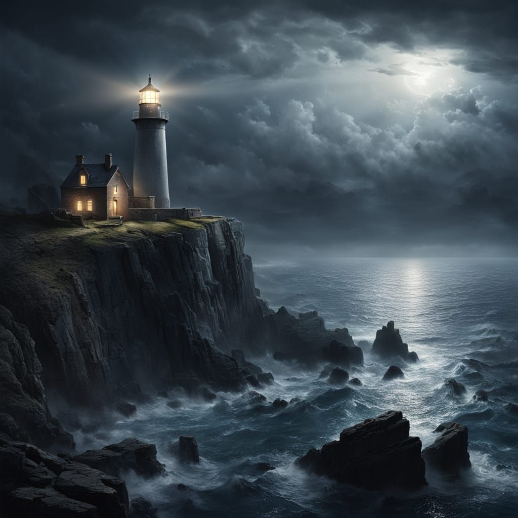 Ancient Lighthouse in Ethereal Mist Overlooking Starry Ocean