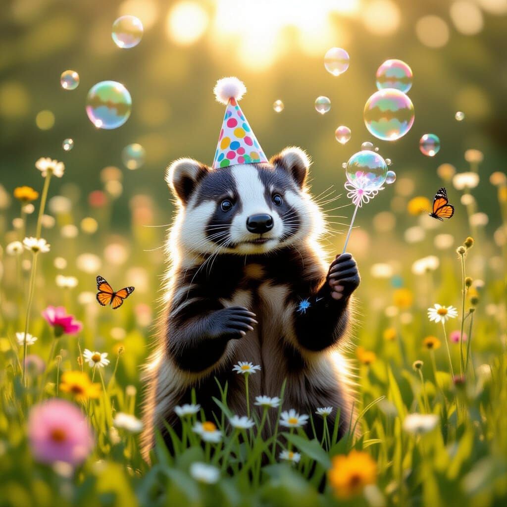 Whimsical Badger Blowing Bubbles in Sunny Meadow