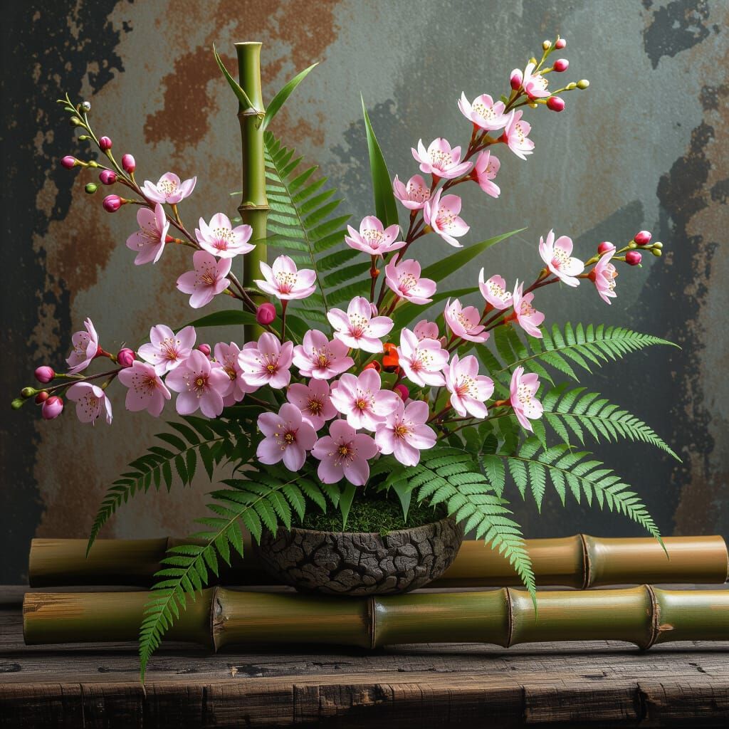 Ikebana Arrangement of Cherry Blossoms in HDR