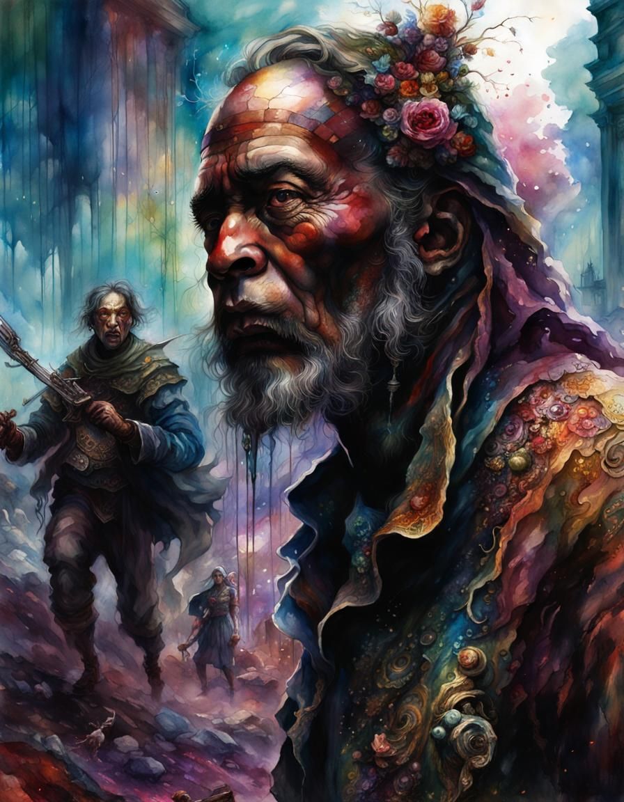 Villagers Fleeing Enemies: Watercolor Fantasy Scene