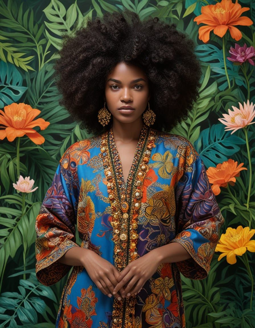 Majestic Afro Caribbean Goddess in Vibrant Tropical Landscap...
