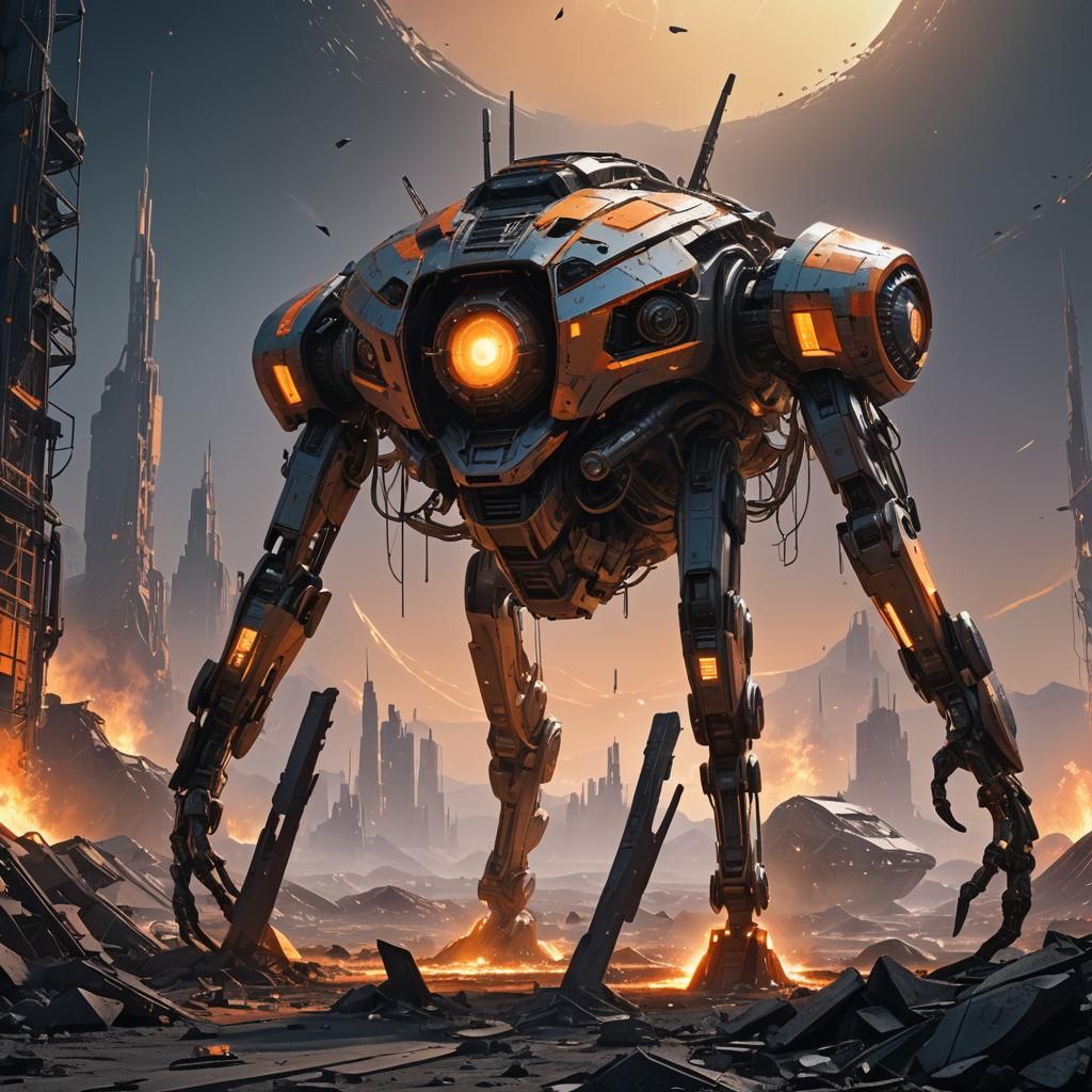 Futuristic Construction Machine in Apocalyptic Alien Ruins