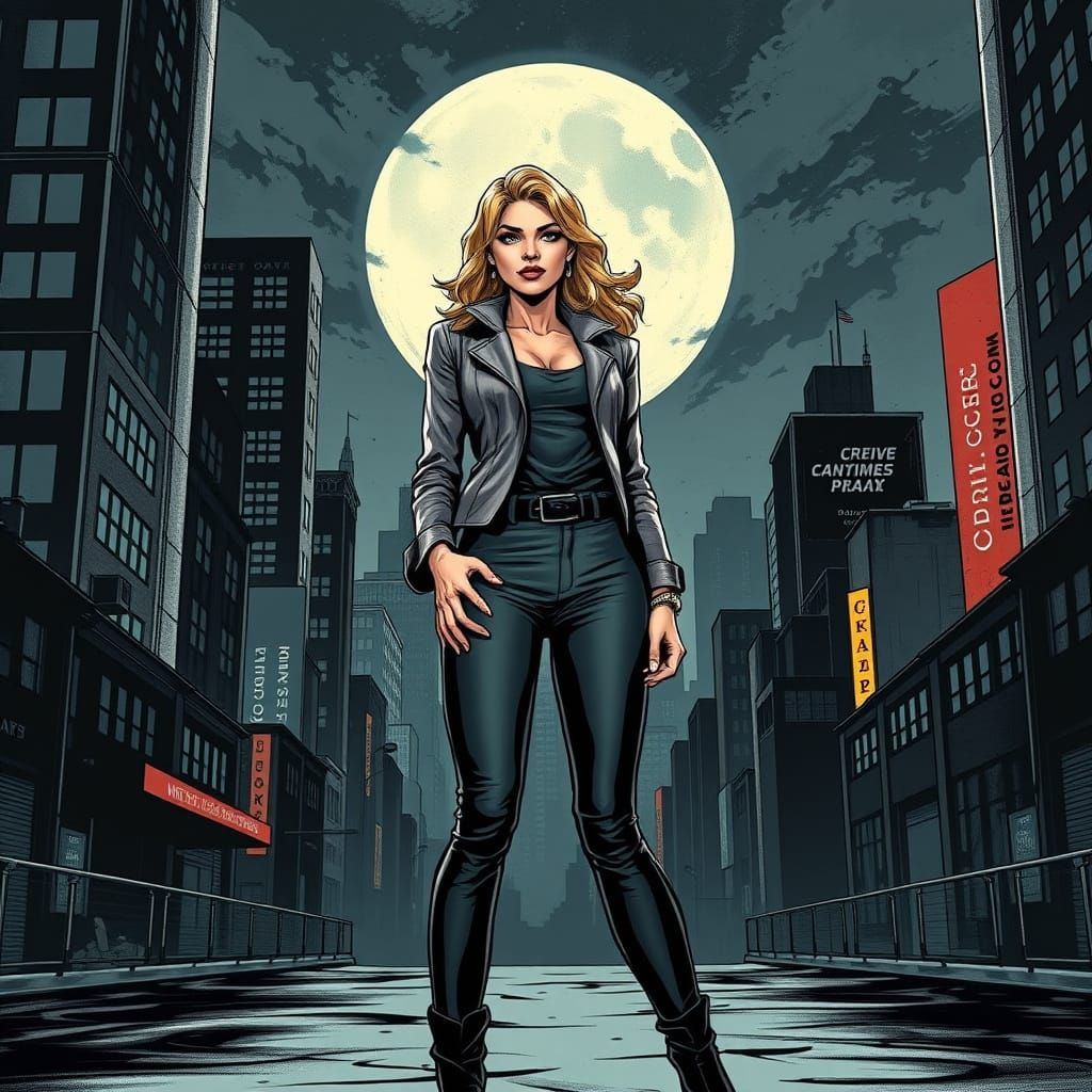 Chic Woman in Gritty Cityscape Comic Art