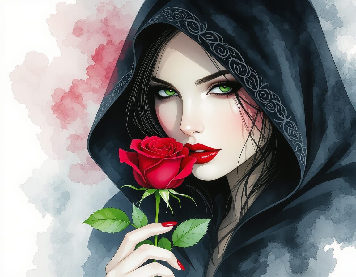 Mysterious Woman with Rose, Watercolor Graphic Novel Style