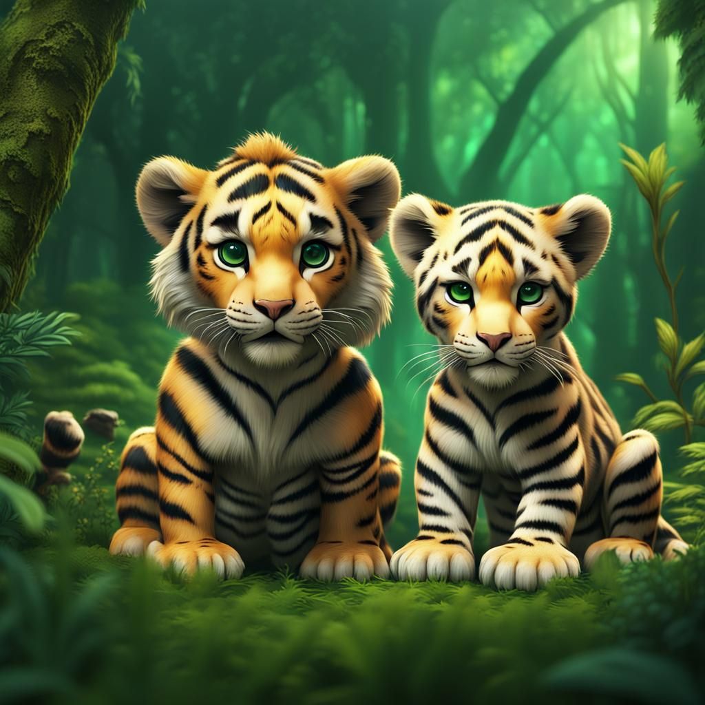 Cute Baby Wild Cats in Green Forest