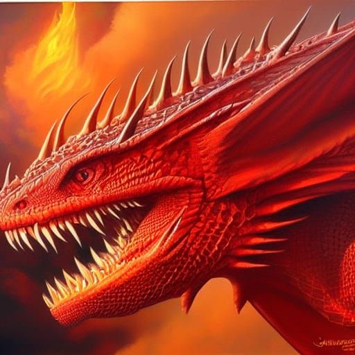 Fierce Red Dragon Unleashes Firestorm: Oil Painting