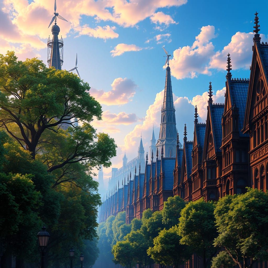 Majestic Futuristic Streets with Whirring Wind Turbines and...
