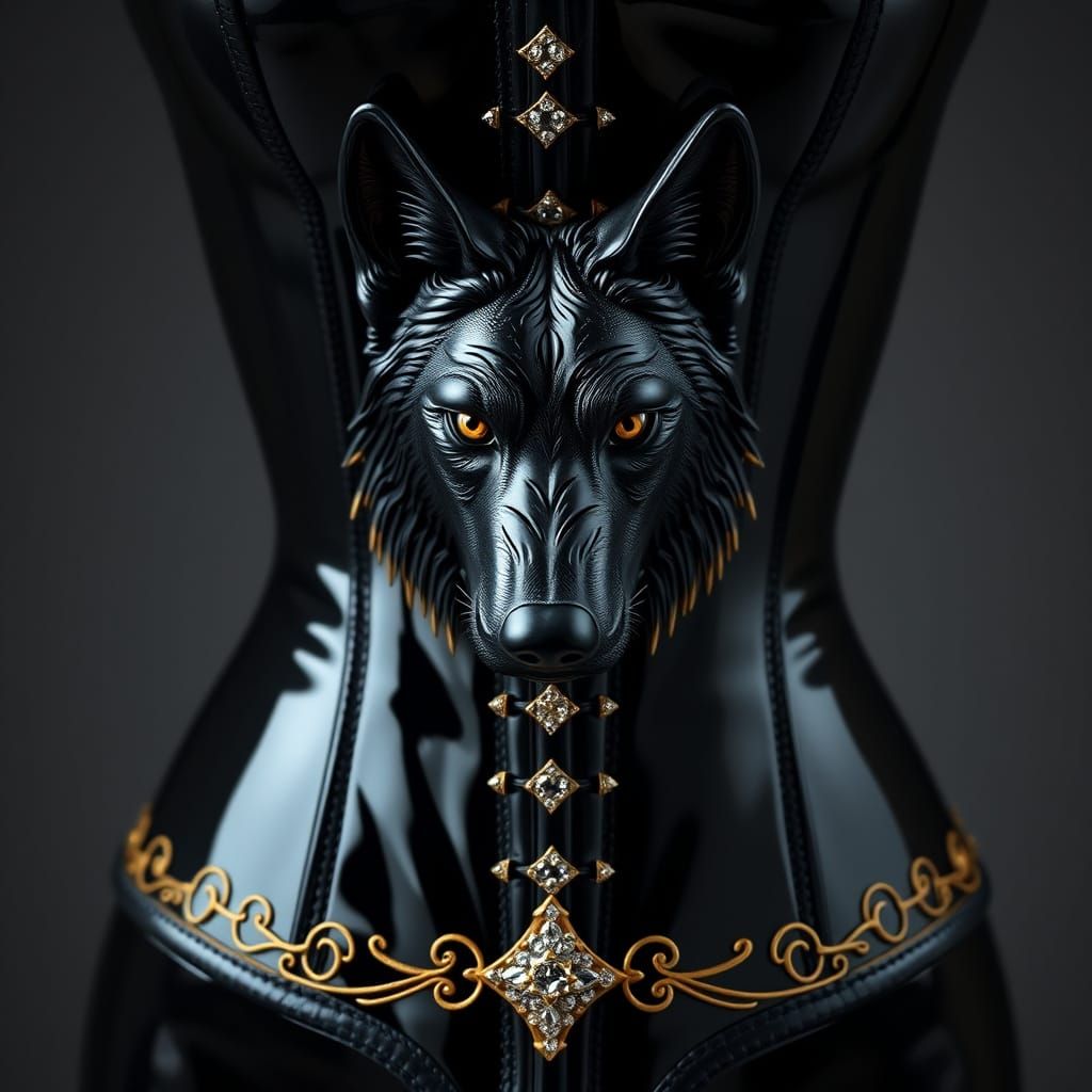 Regal Wolf Corset in Black Latex with Gothic Opulence