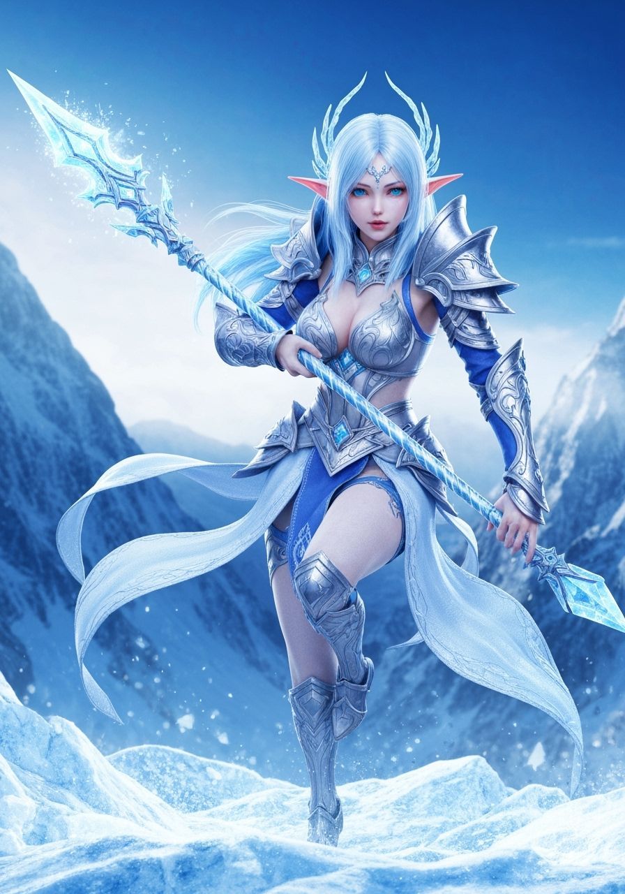 Ice Elf Warrior in 3D Anime Style