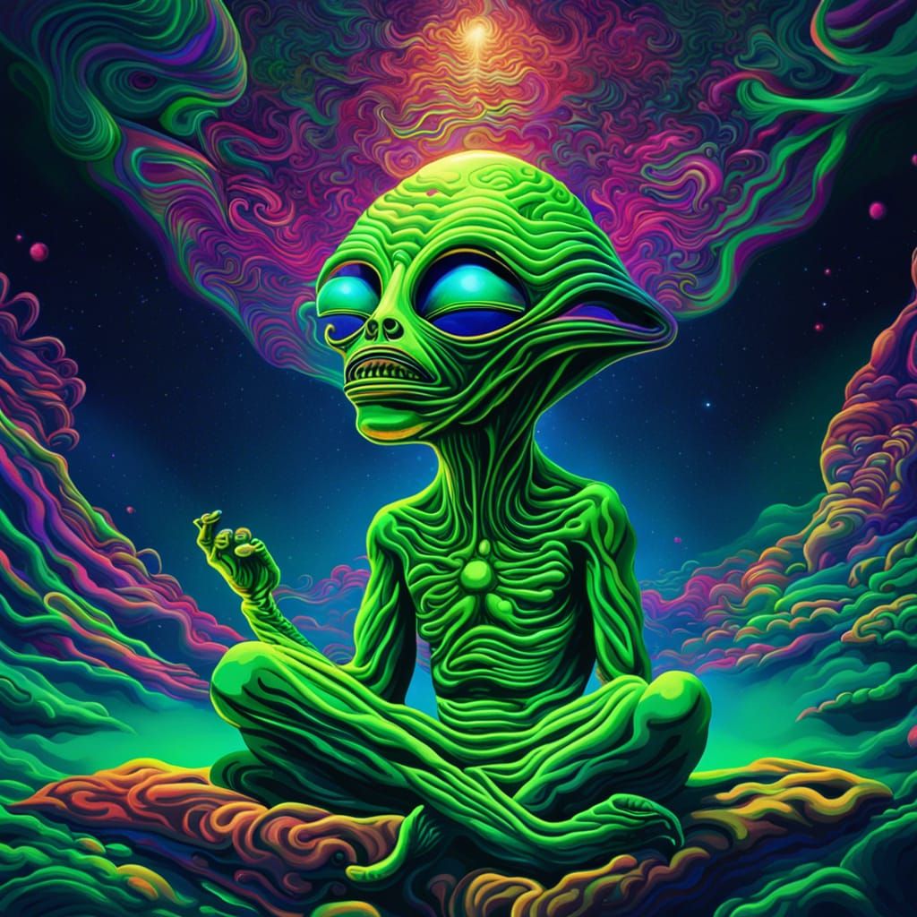 Hyperreal cool psychedelic green photorealism space alien in dmt world levitating meditation spiritual high vibe vibrant...
