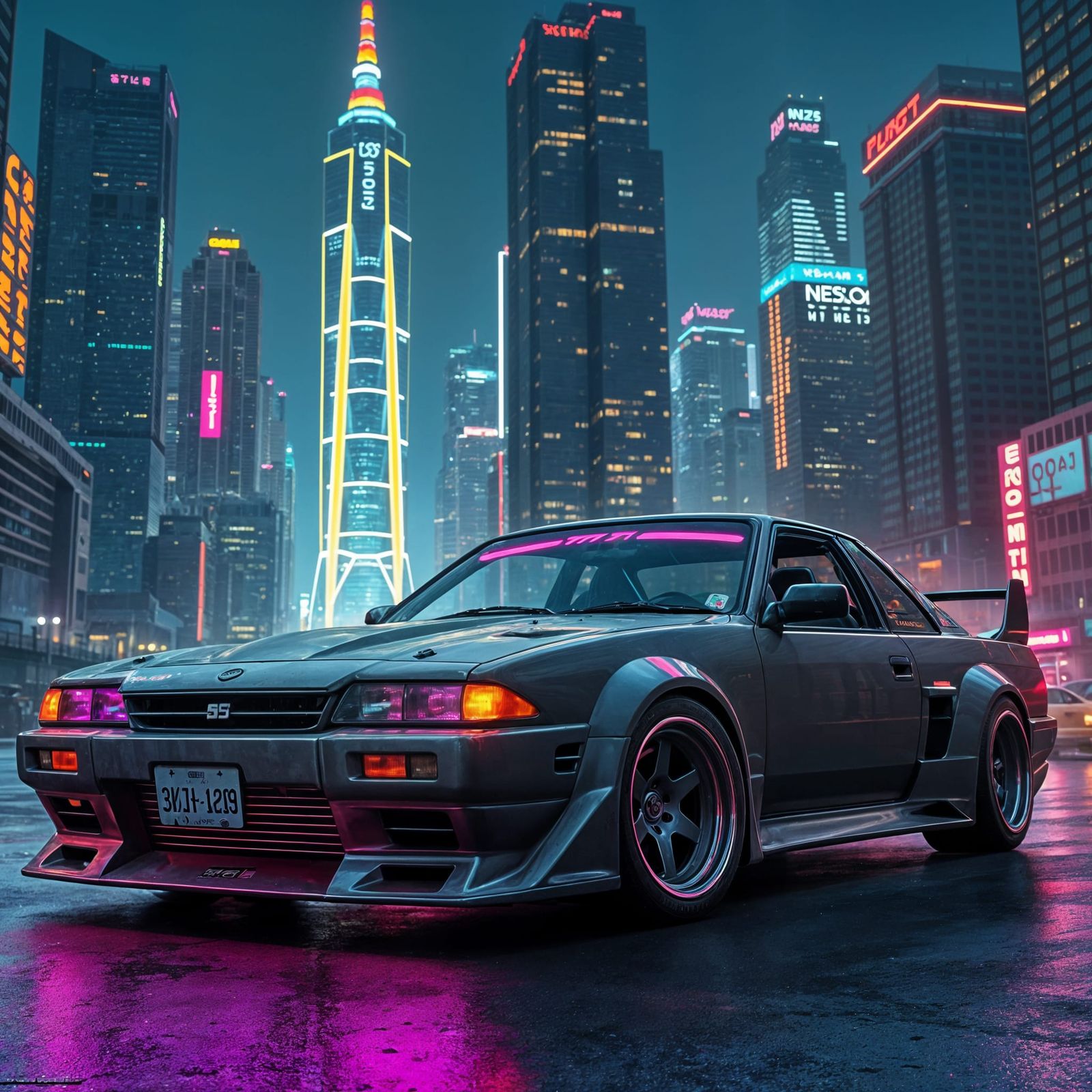 Neon-Lit 240SX in Cyberpunk Cityscape