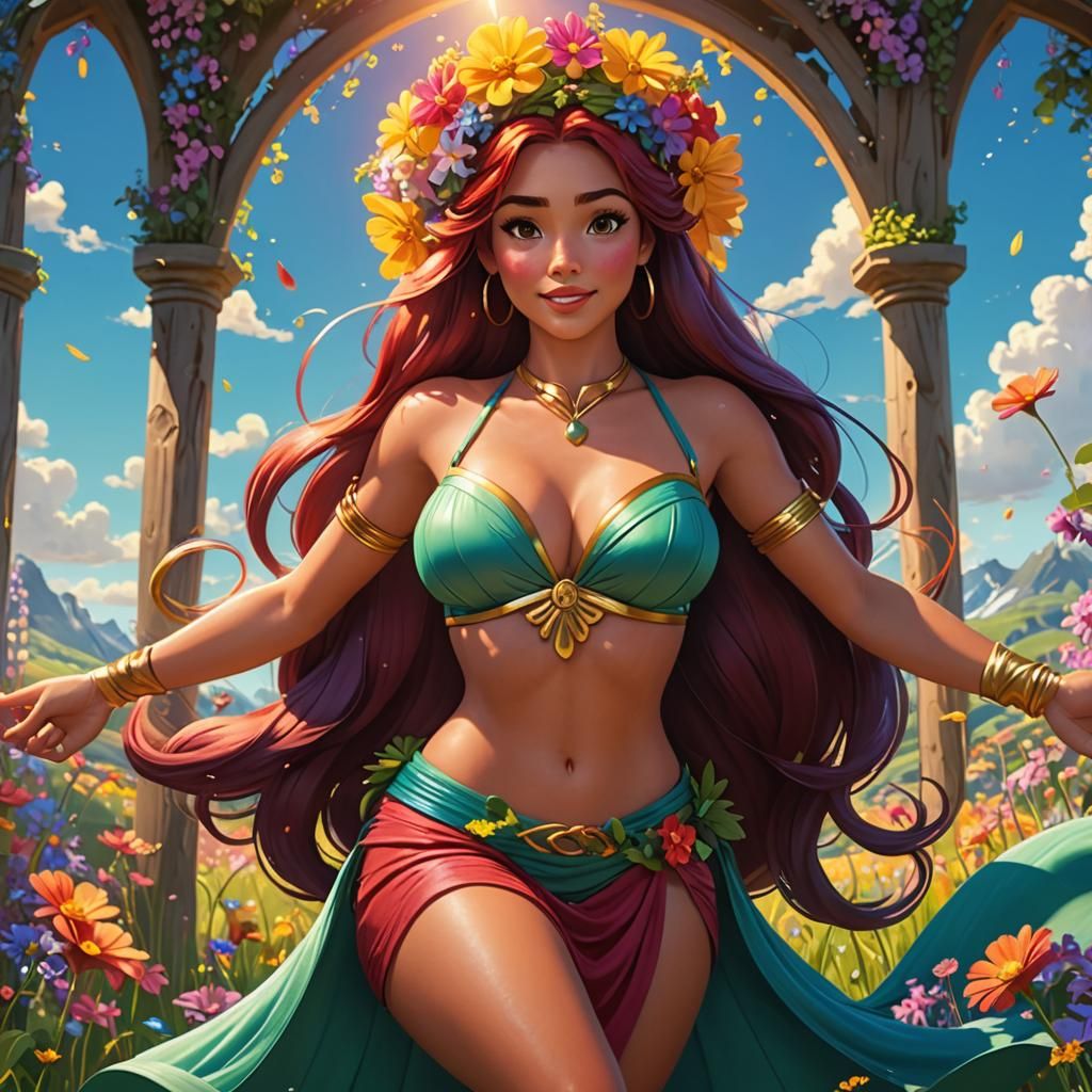 Ariel Hula-Hooping in Wildflowers, Anime Style