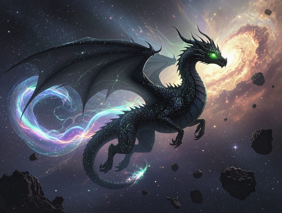 Ethereal Obsidian Dragon Soars Through Cosmic Vastness in Hy...