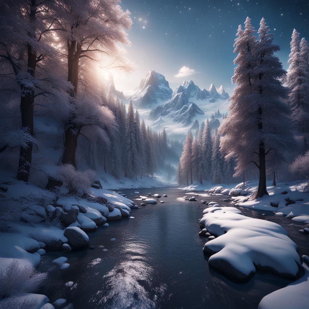 Snowy Alpine River Under Starry Sky