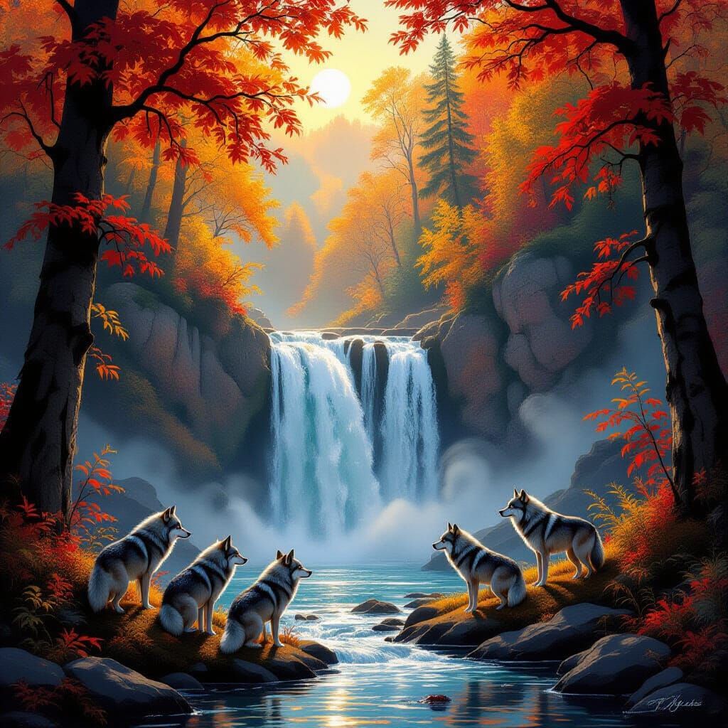 Wolves Admire Majestic Autumn Waterfall in Romantic Realism ...