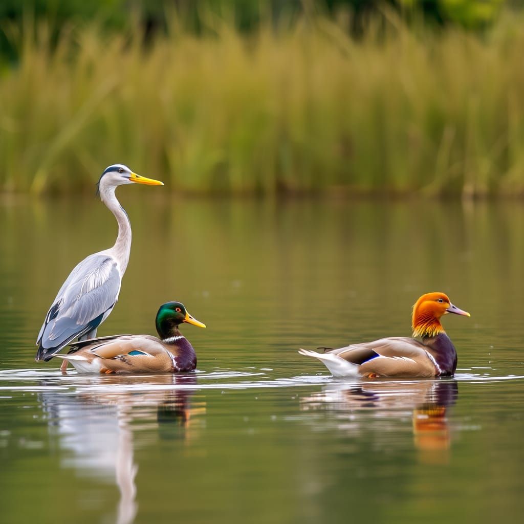 Heron and Mandarin Ducks at the Lake