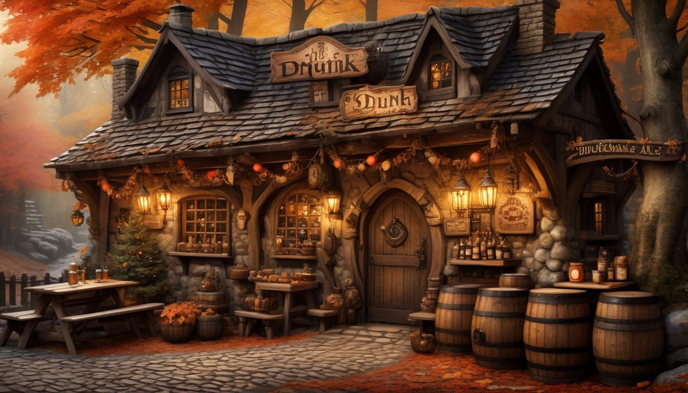 Mystical Medieval Tavern in Autumn Forest, Ink and Watercolo...