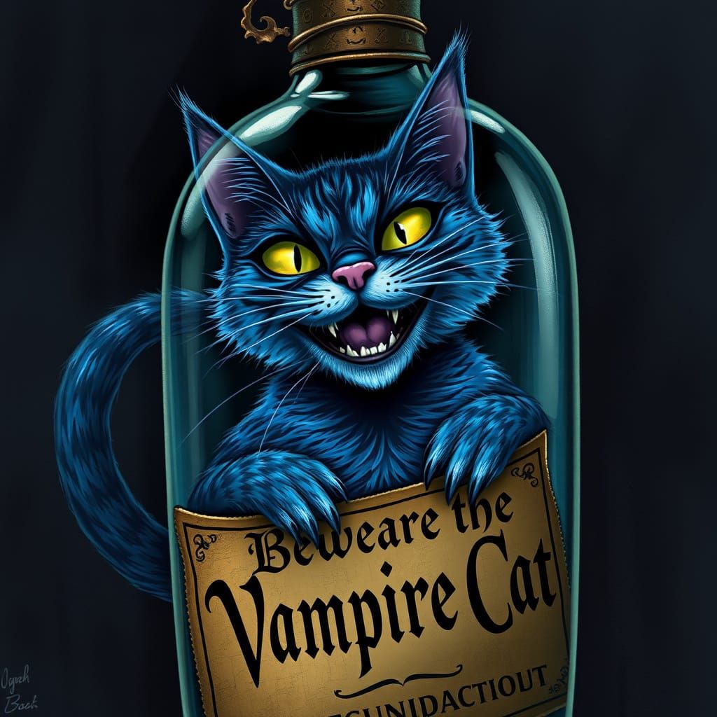 A majestic, mischievous blue Cheshire cat in a magical glass...