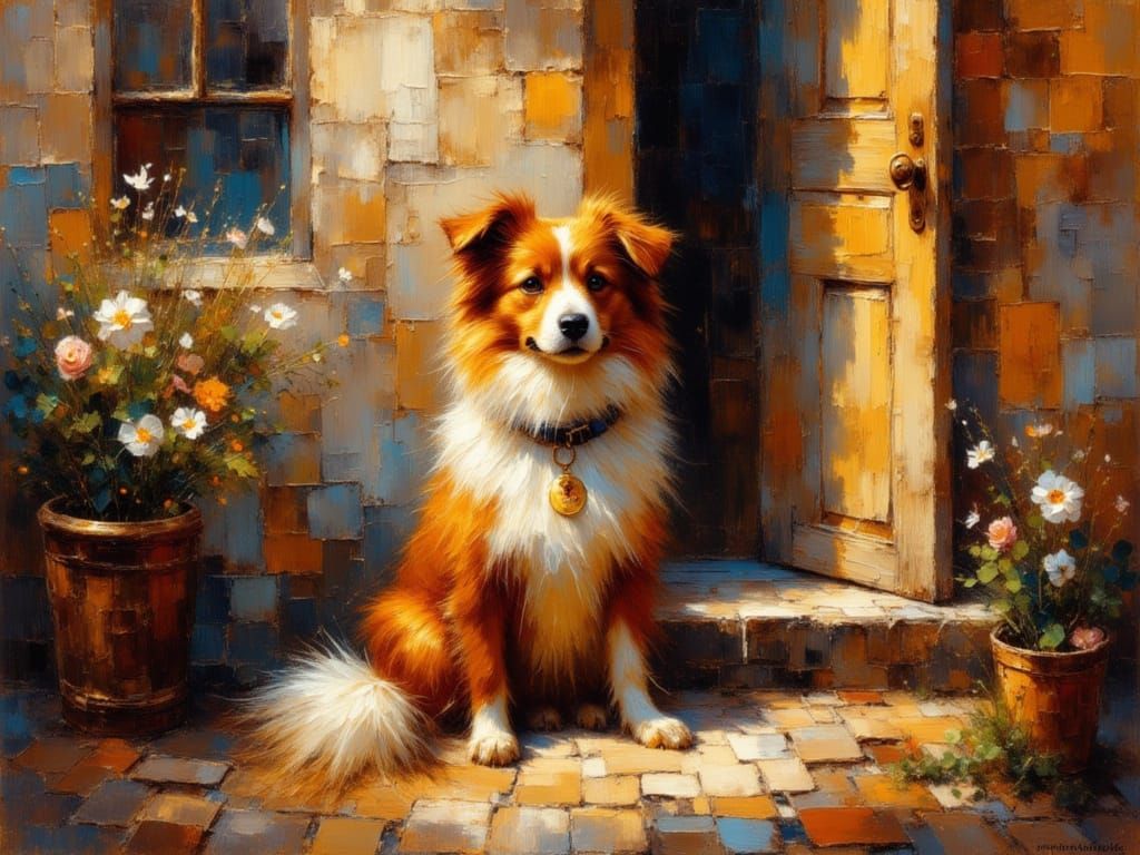 Fluffy Dog Waits by Cozy House Door in Klimt Style