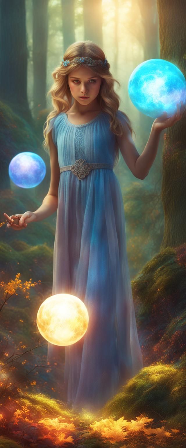 Girl with Magical Orbs in Whimsical Forest