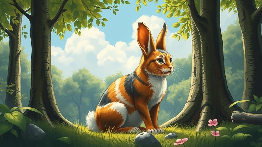 Cat-Rabbit Hybrid in Lush Forest, Wildlife Illustration