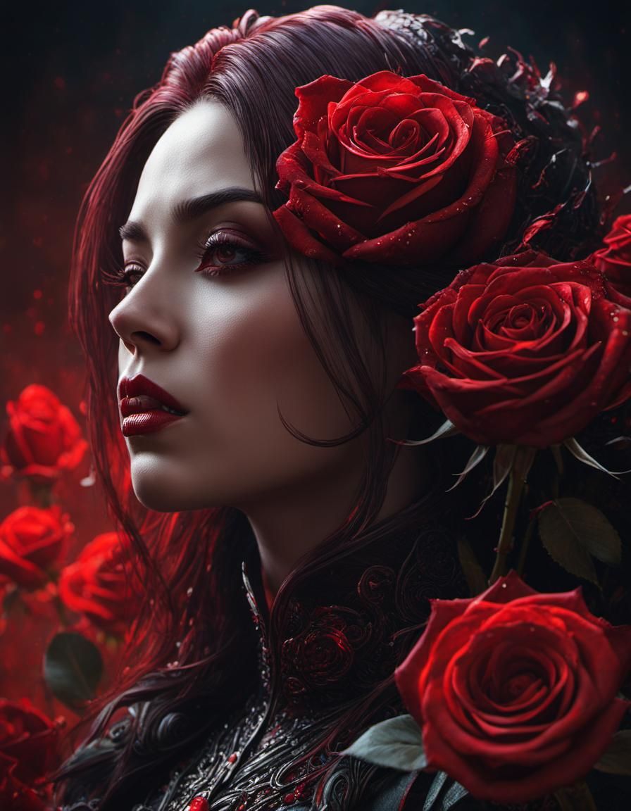 Hyperdetailed Portrait Surrounded by Blood Red Roses
