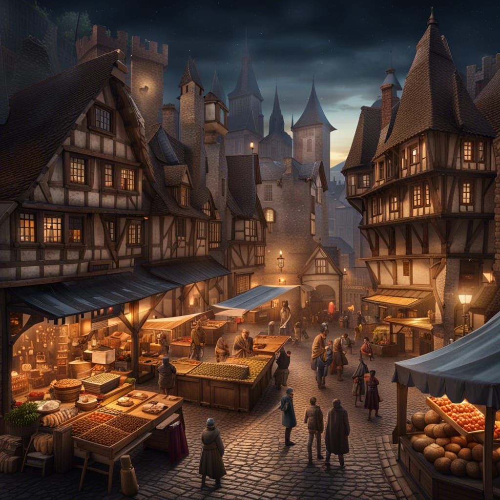 Medieval Market Square at Night: Hyperrealistic Digital Art