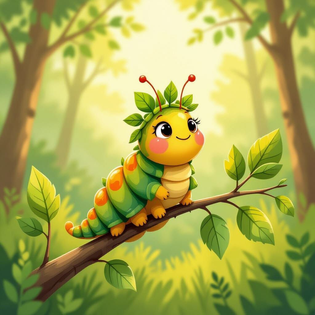 Whimsical Caterpillar with Leaf Crown Illustration