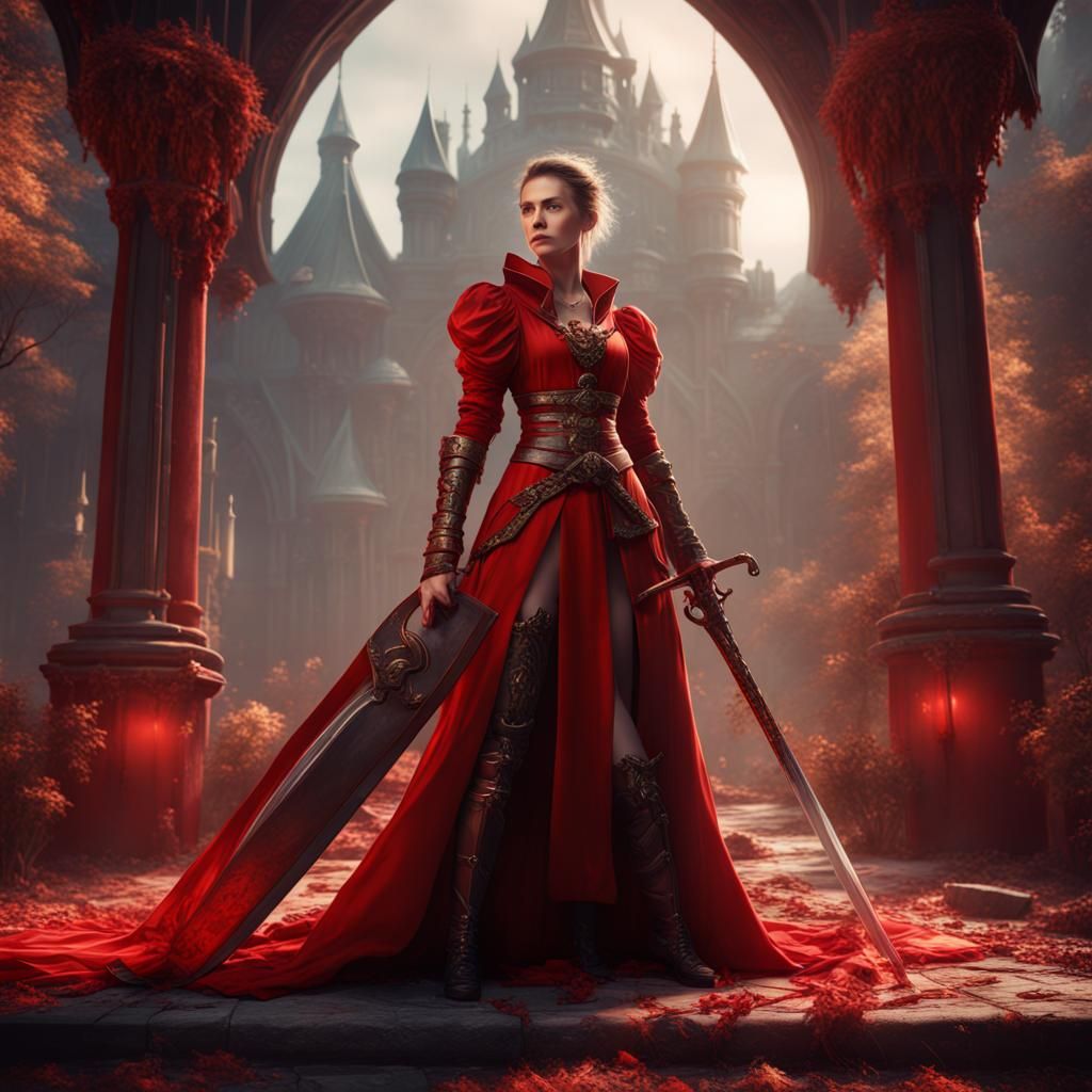 Noble Woman in Red with Sword: Fantasy Concept Art