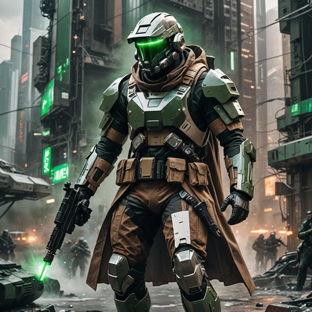 Cyberpunk Soldier with Laser Rifle in Futuristic City