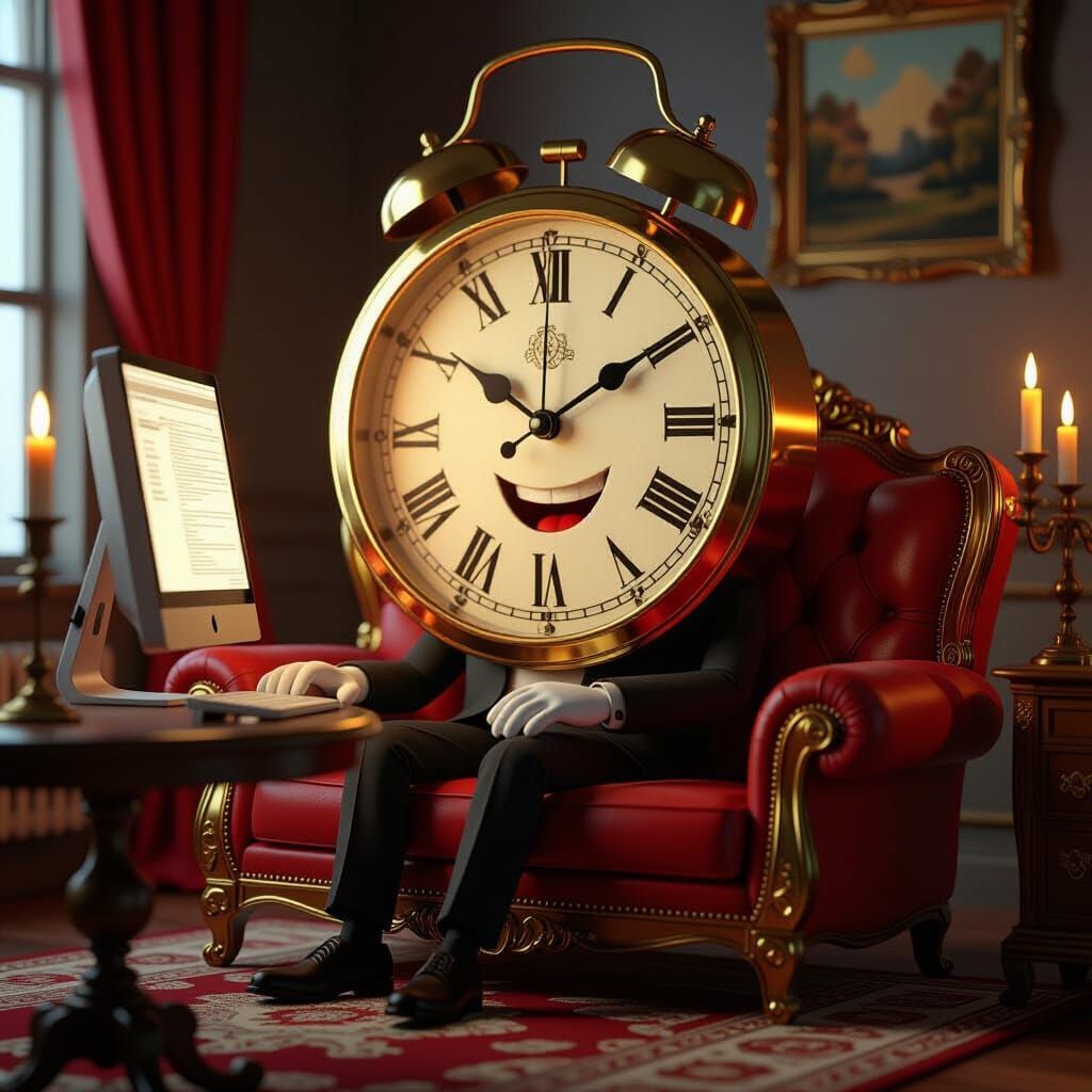 Golden Clock Man Typing on Computer in Candlelight