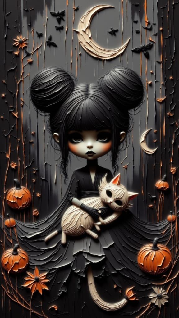 Little Witch and Familiar in Halloween Gothic Style