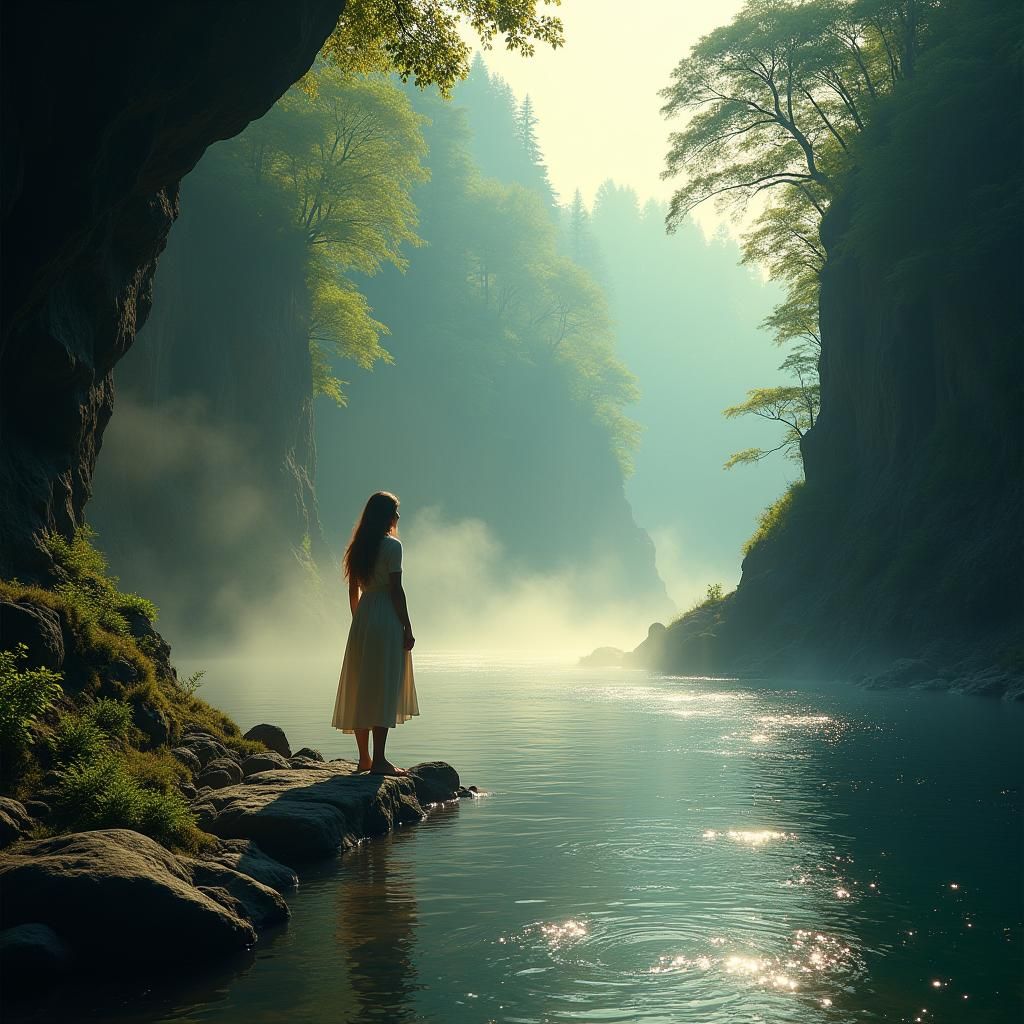 Serene River Scene with Sunlight and Mist