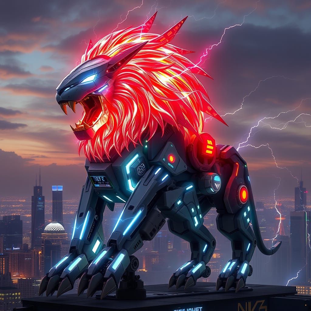 Mecha Lion Roaring Plasma Electricity Over City