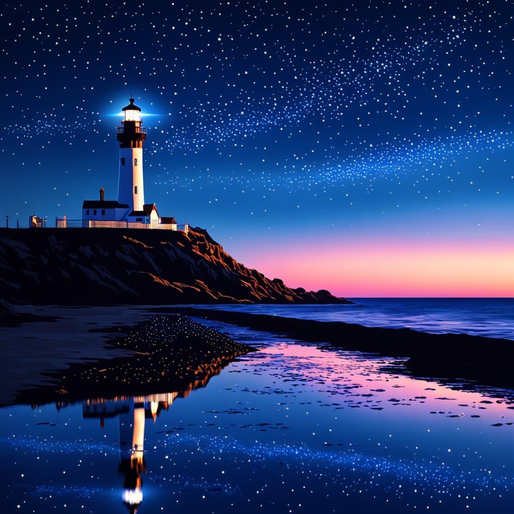 Vibrant Neon Blue Sunset with Lighthouse and Stars