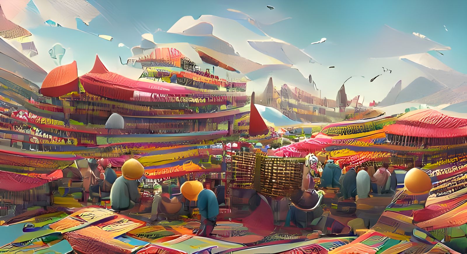 Bustling Marketplace Panorama in Detailed Illustration Style