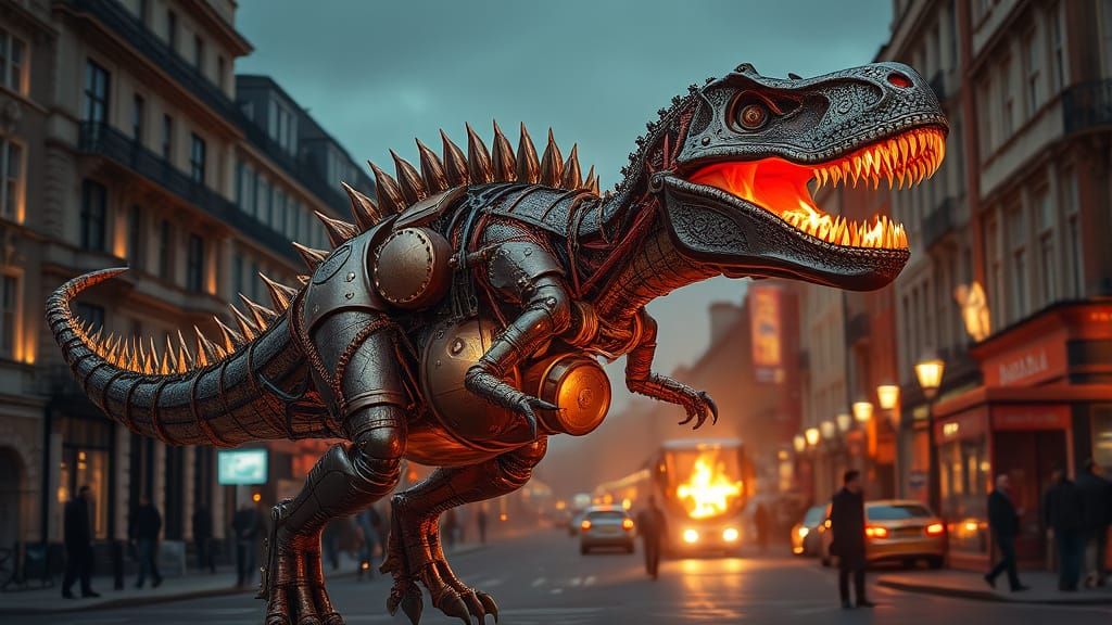 Steampunk T-Rex Ignites Burning London