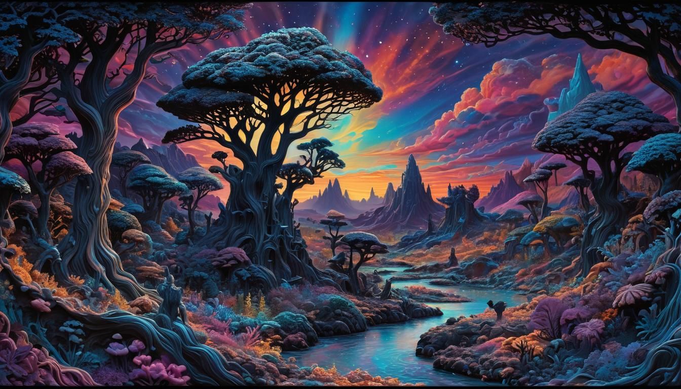 Opalescent Psychedelic Landscape Silhouette in Spectrolite C...