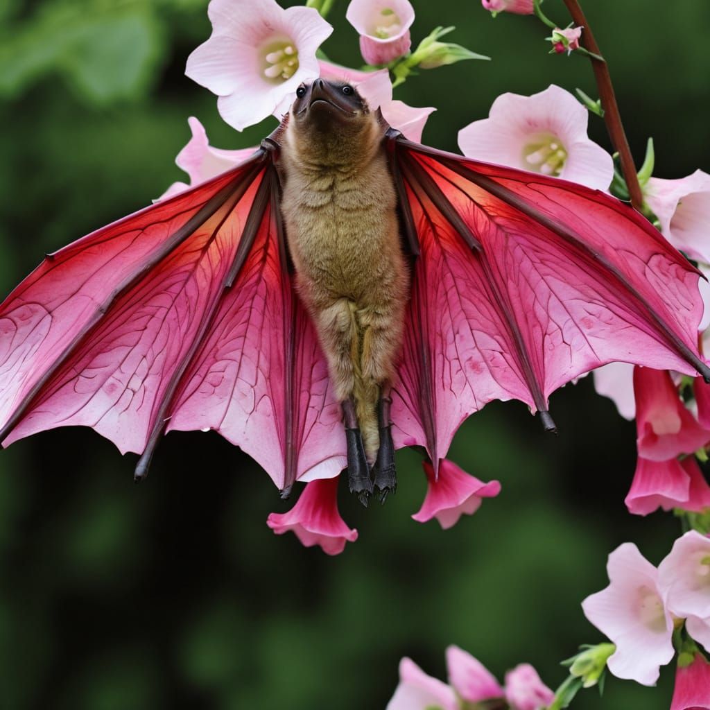 Foxglove Bat (Foxglove + Bat)
A sleek bat with wing membranes veined like foxglove petals.

Hangs upside down among blos...