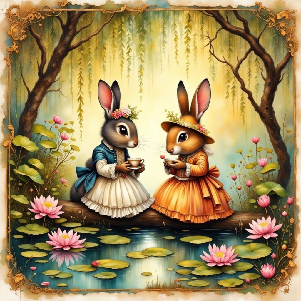 Victorian Rabbits Enjoying Tea in a Dreamlike Garden