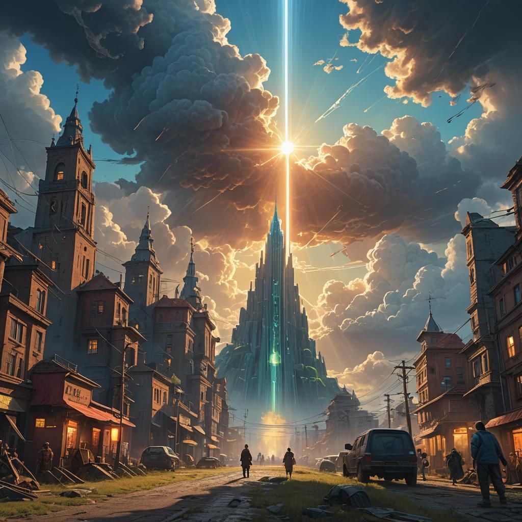 Divine Being Radiates Light Over Ancient City