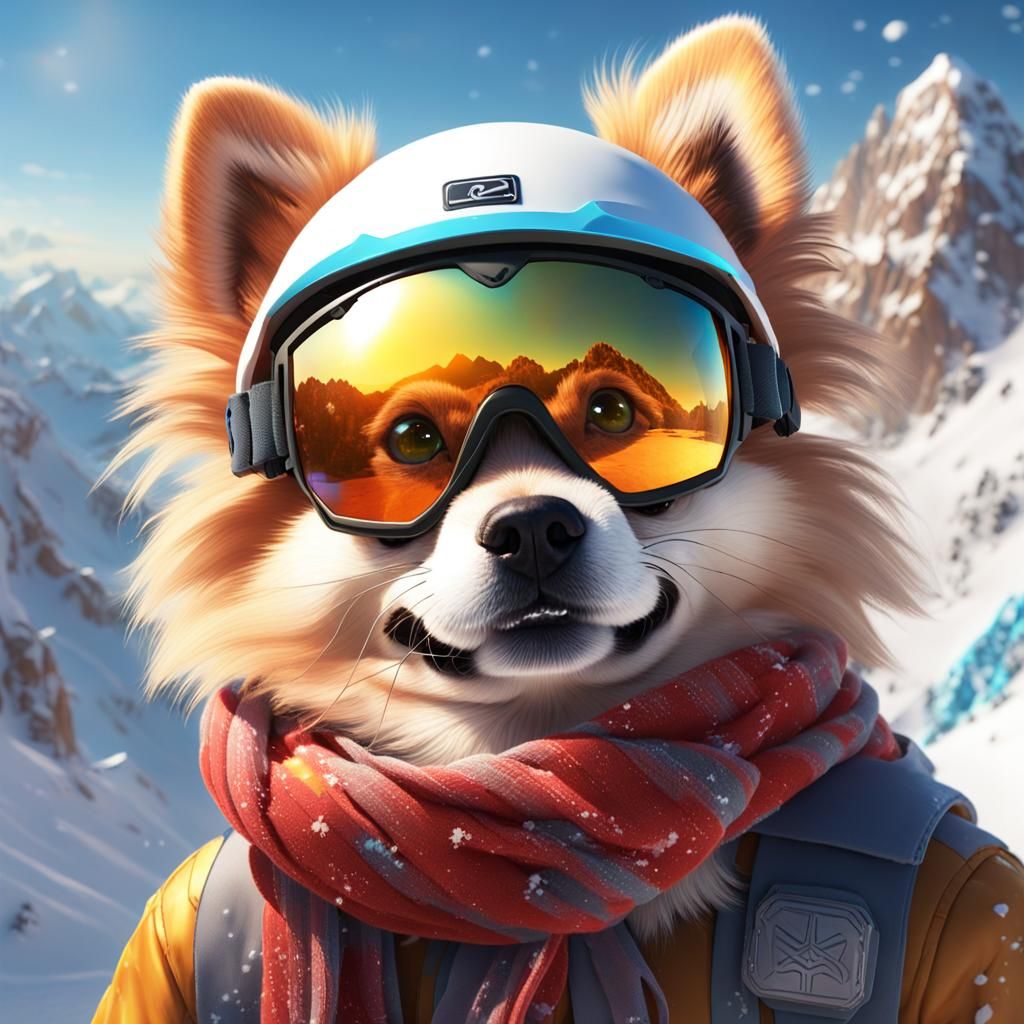 Skateboarding Pomeranian on Snowy Mountain in Digital Art
