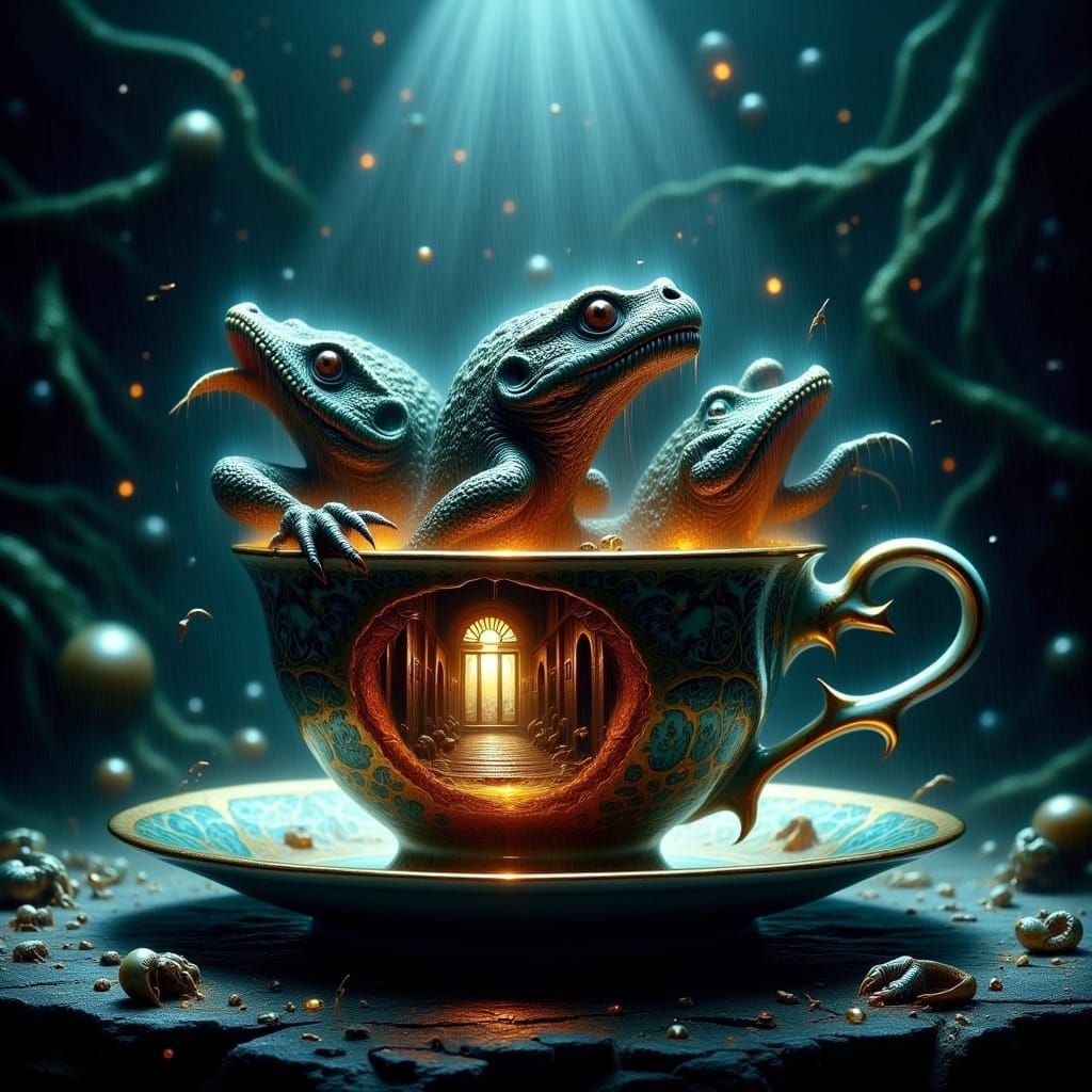 Surreal Terrapin Scene Inside China Teacup