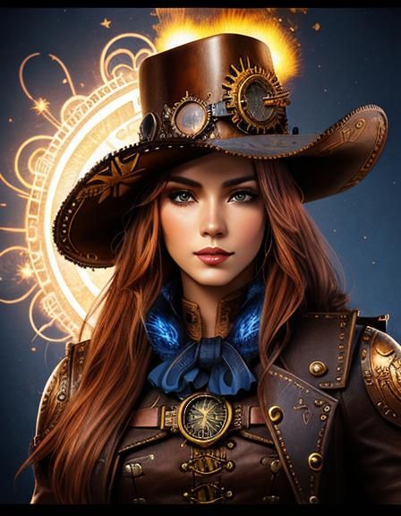 Steampunk Cowboy Girl Portrait in Ink Linework
