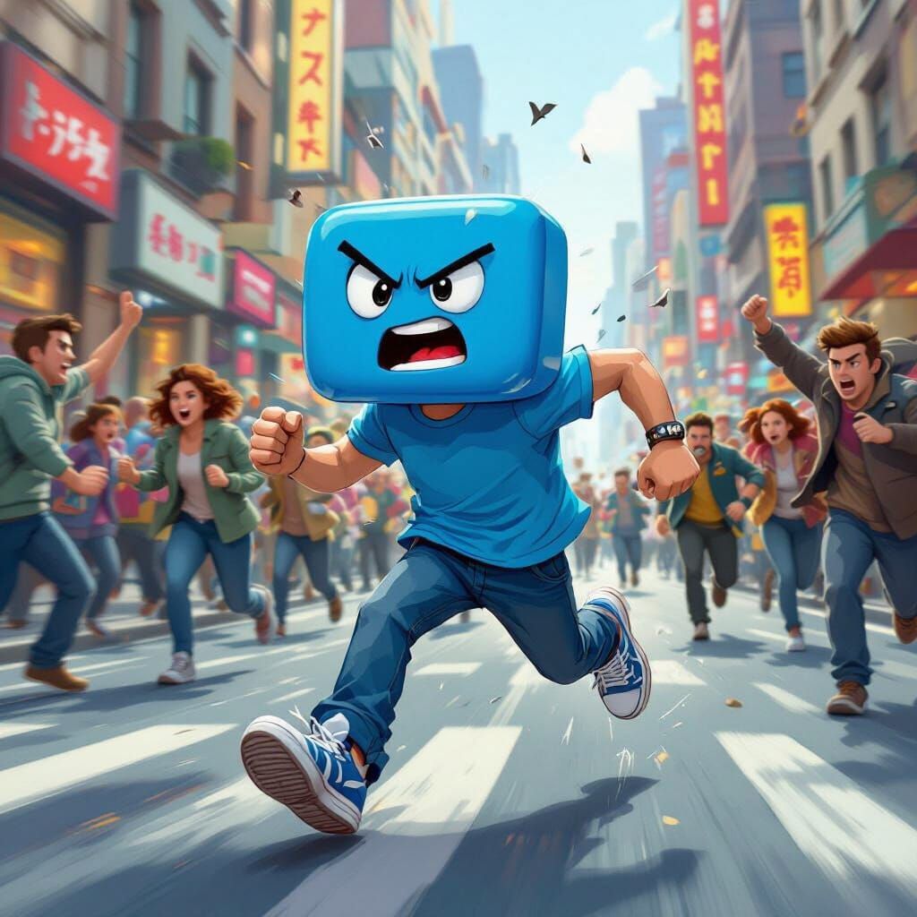 Anthropomorphic Like Button Running from Angry Mob