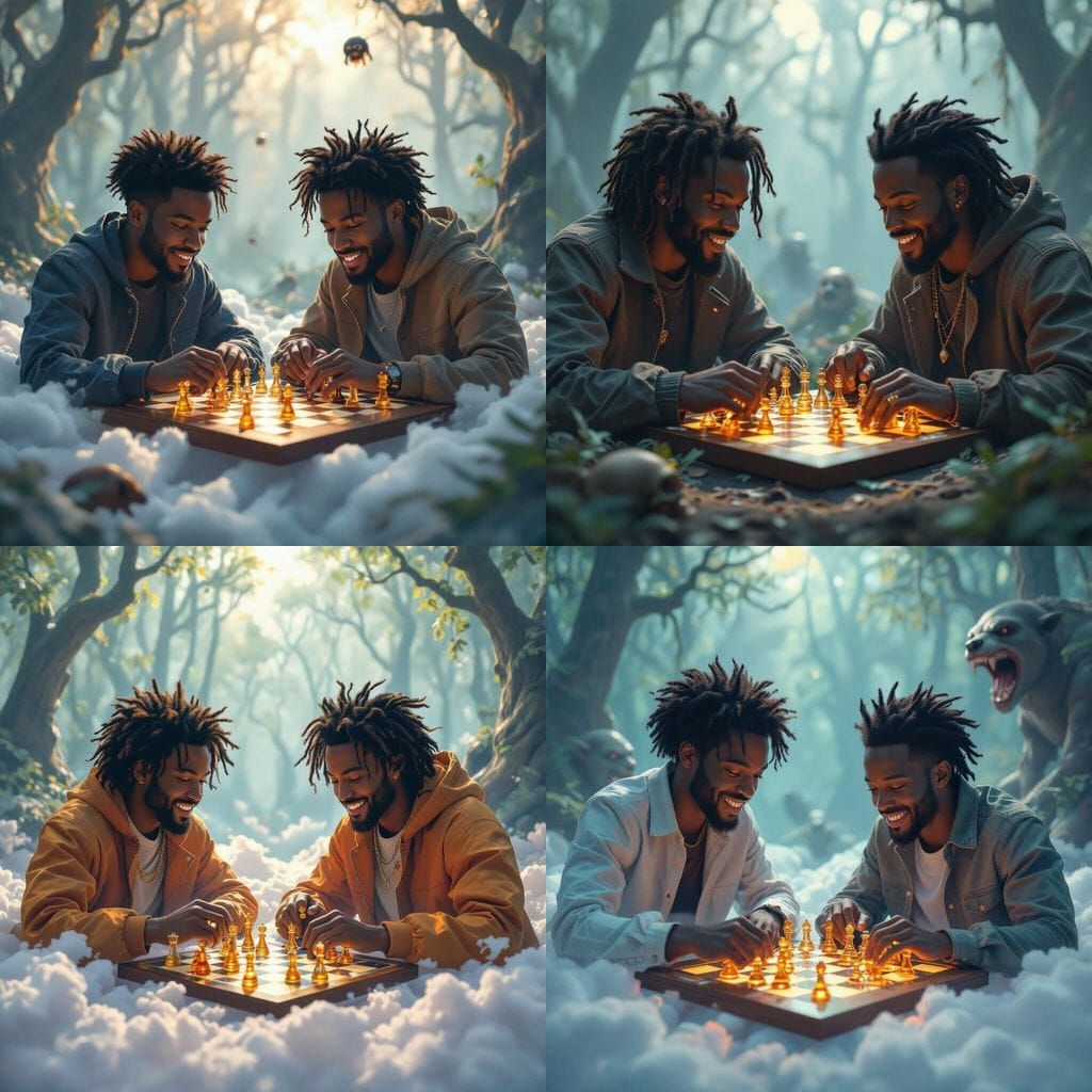Brothers Playing Chess on a Cloud in a Surreal Forest