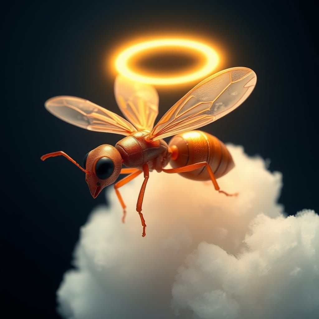 Angelic Ant in Dreamy Cloudscape, 3D Rendered